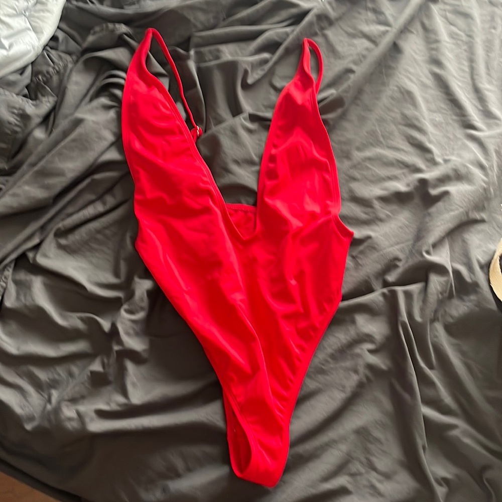 Deep plunge red swimsuit